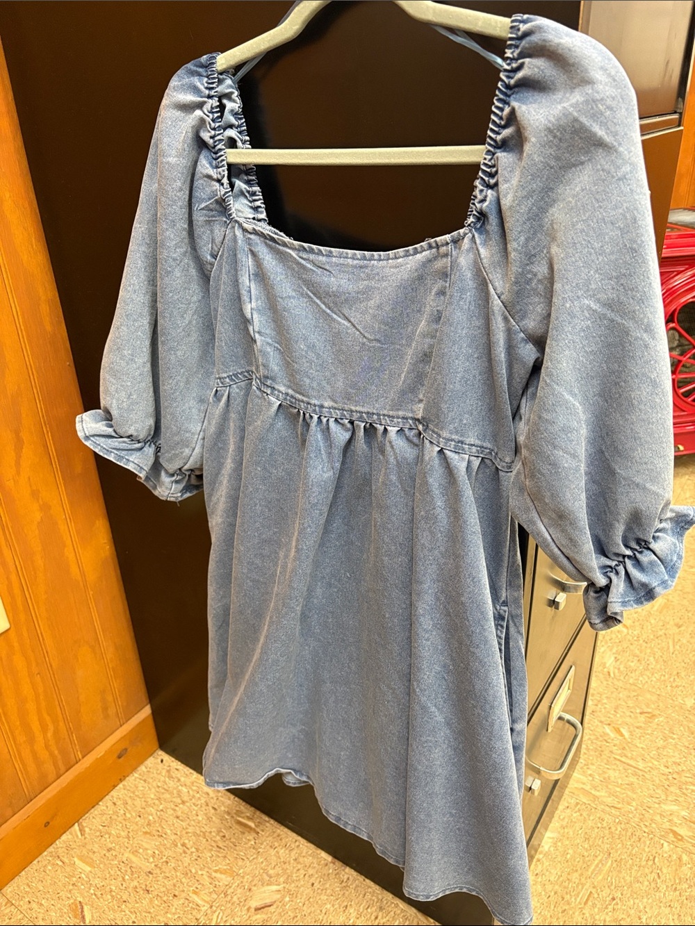 Square-Neck Puff-Sleeve Mini Dress in Washed Blue